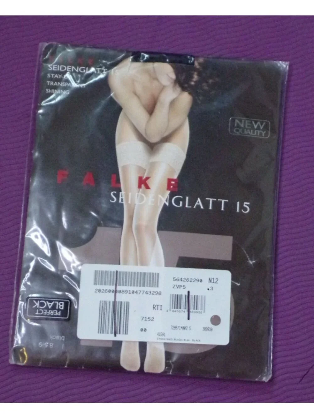 🆕FALKE Seidenglatt 15 Stay-Up Transparent Shining Stockings Black